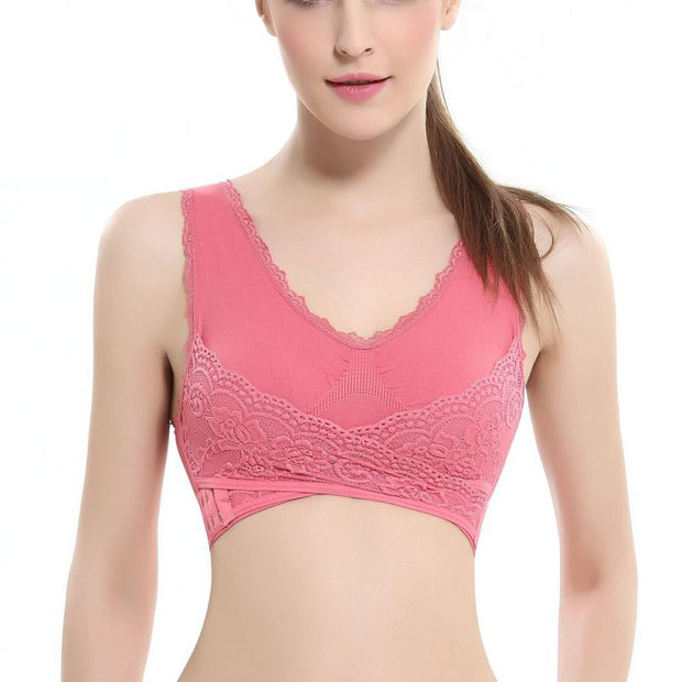 Front Cross Side-Buckle Lace Wireless Lift Bra