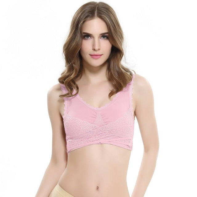 Front Cross Side-Buckle Lace Wireless Lift Bra