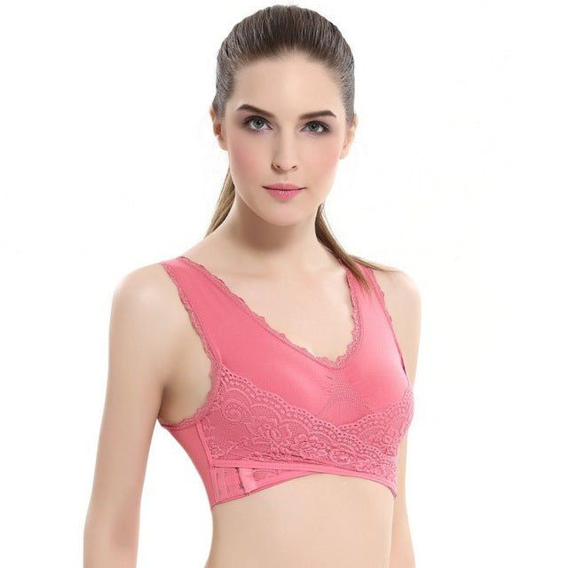 Front Cross Side Buckle Wire Free Lace Bra Lift up Soft Breathable Sport
